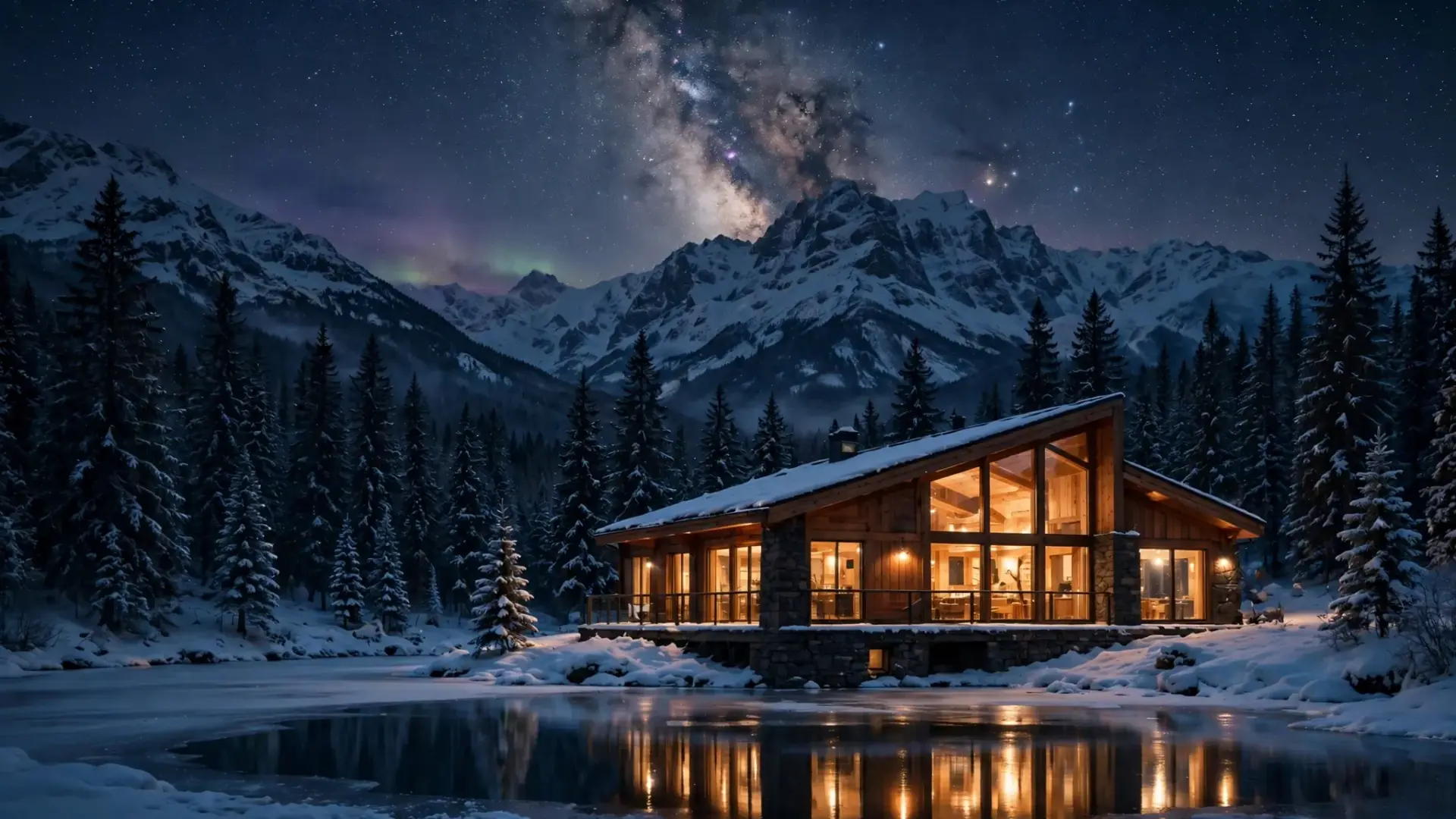 Valmont cabin at night, surrounded by alpine forest and mountain peaks