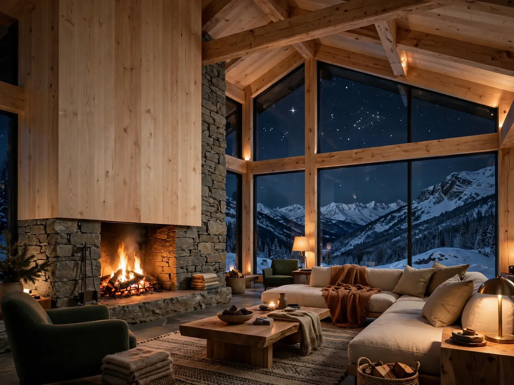 Warm interior of Valmont: wooden walls, low fireplace glow, dim amber light