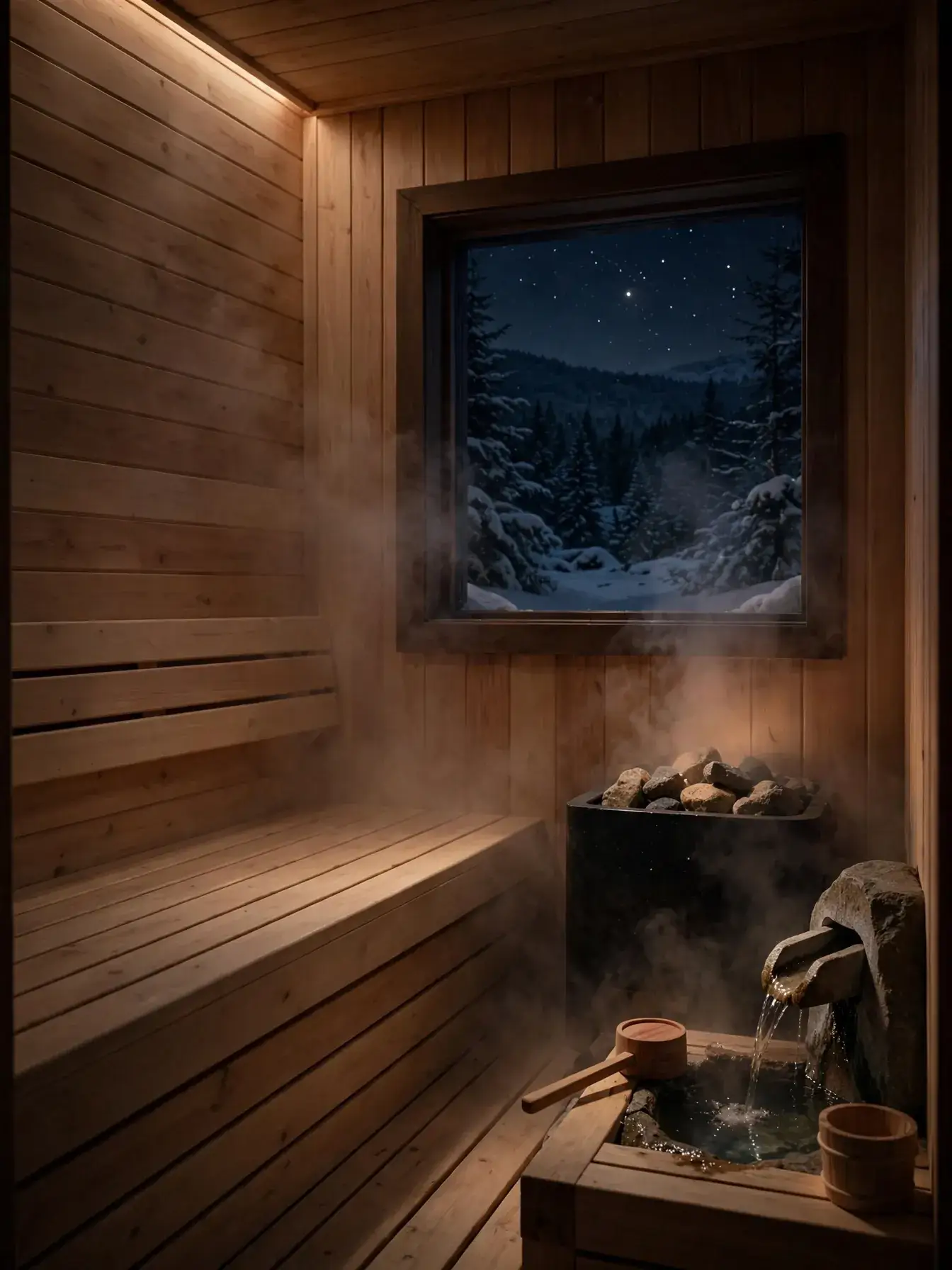 Wood-fired cedar sauna at night