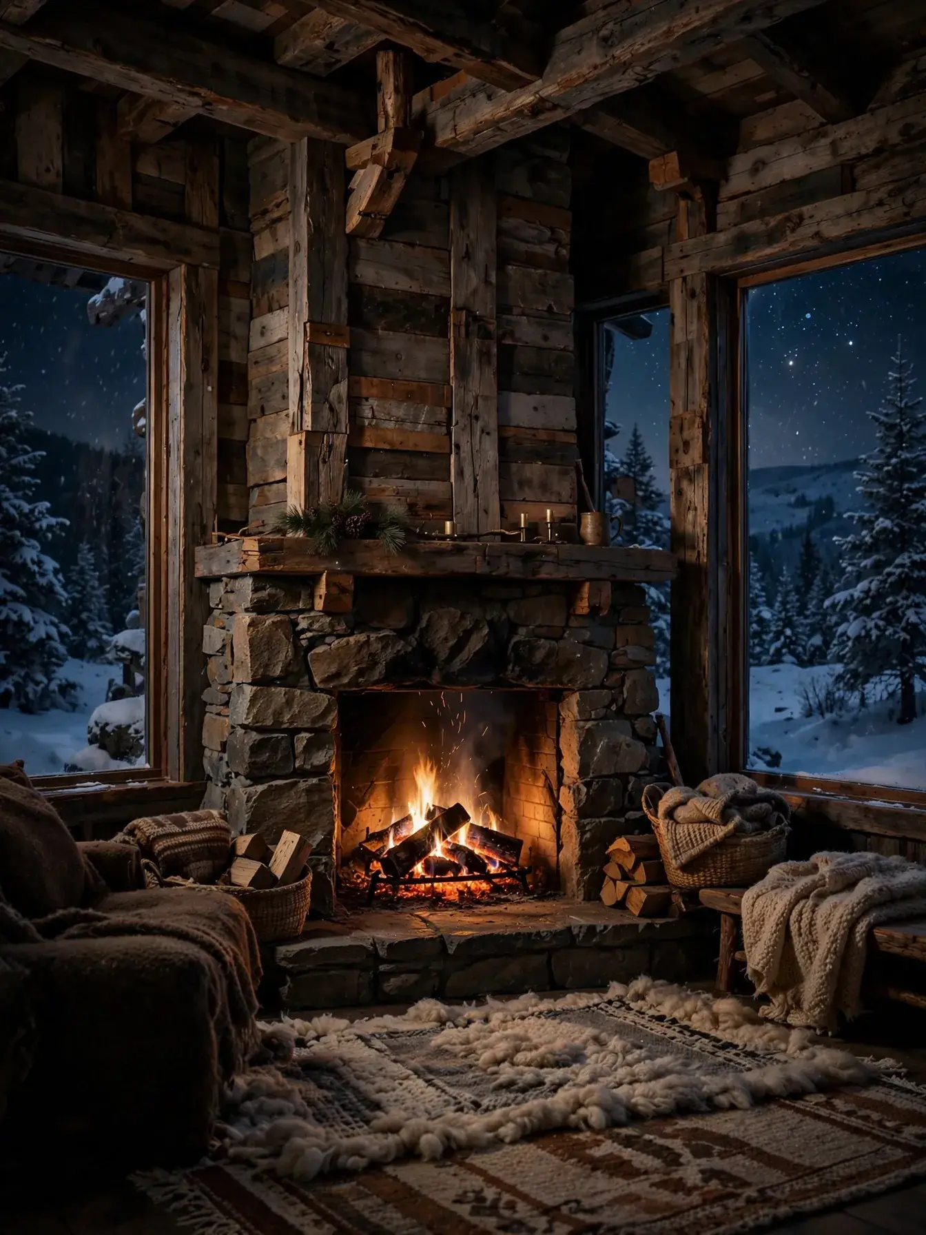 Stone fireplace glowing inside the cabin