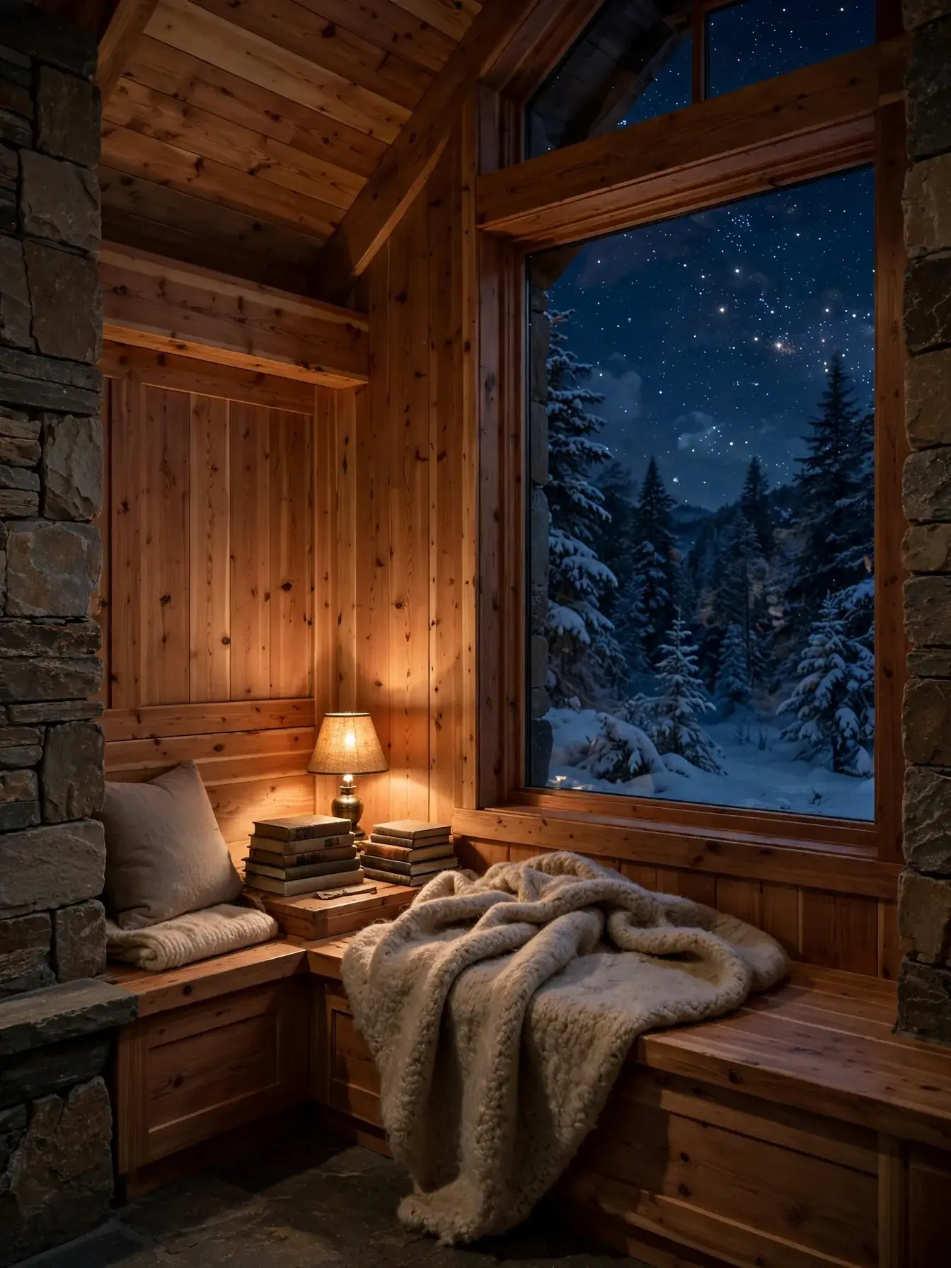 Cedar-walled reading nook with soft amber light