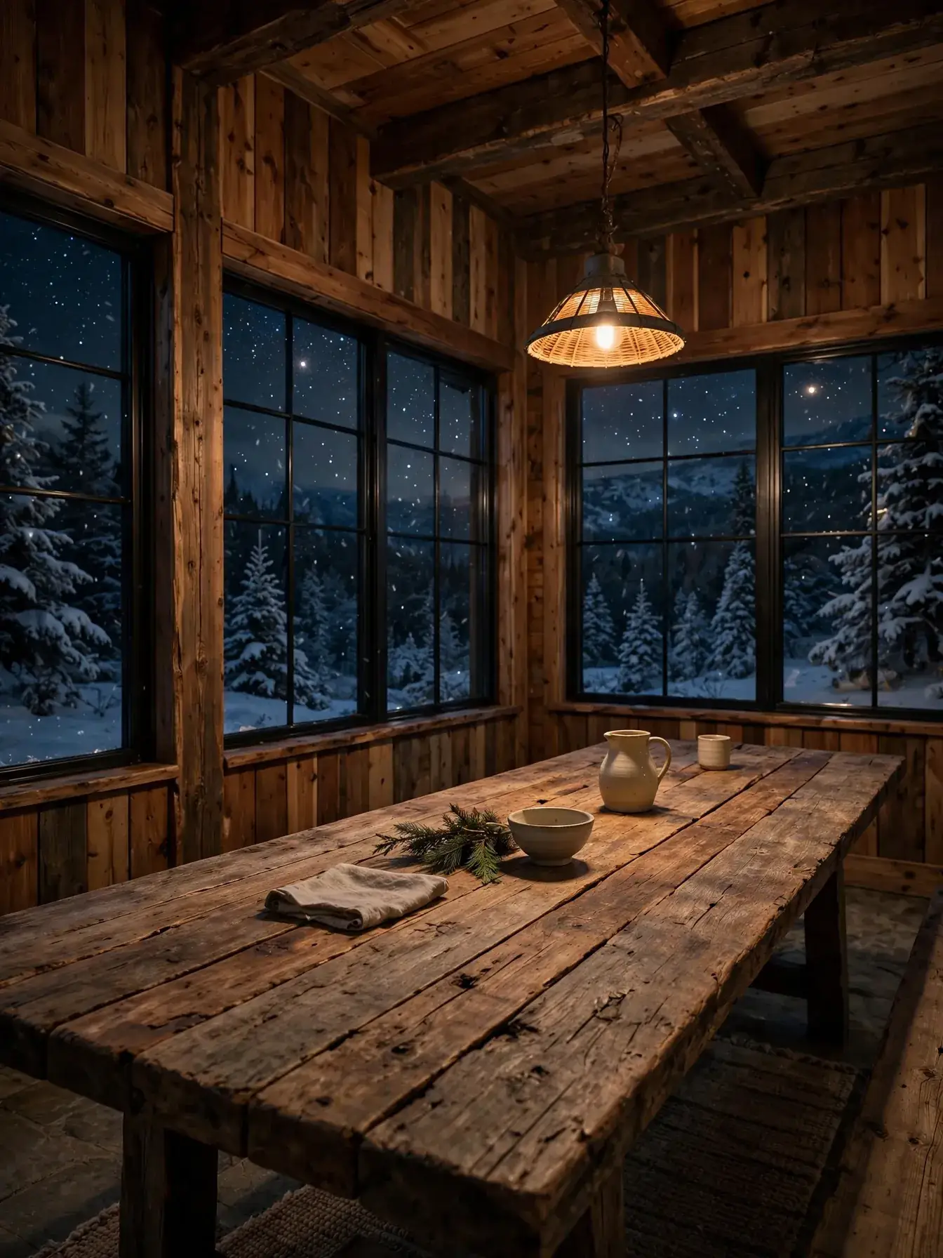 Long cedar dining table inside the cabin