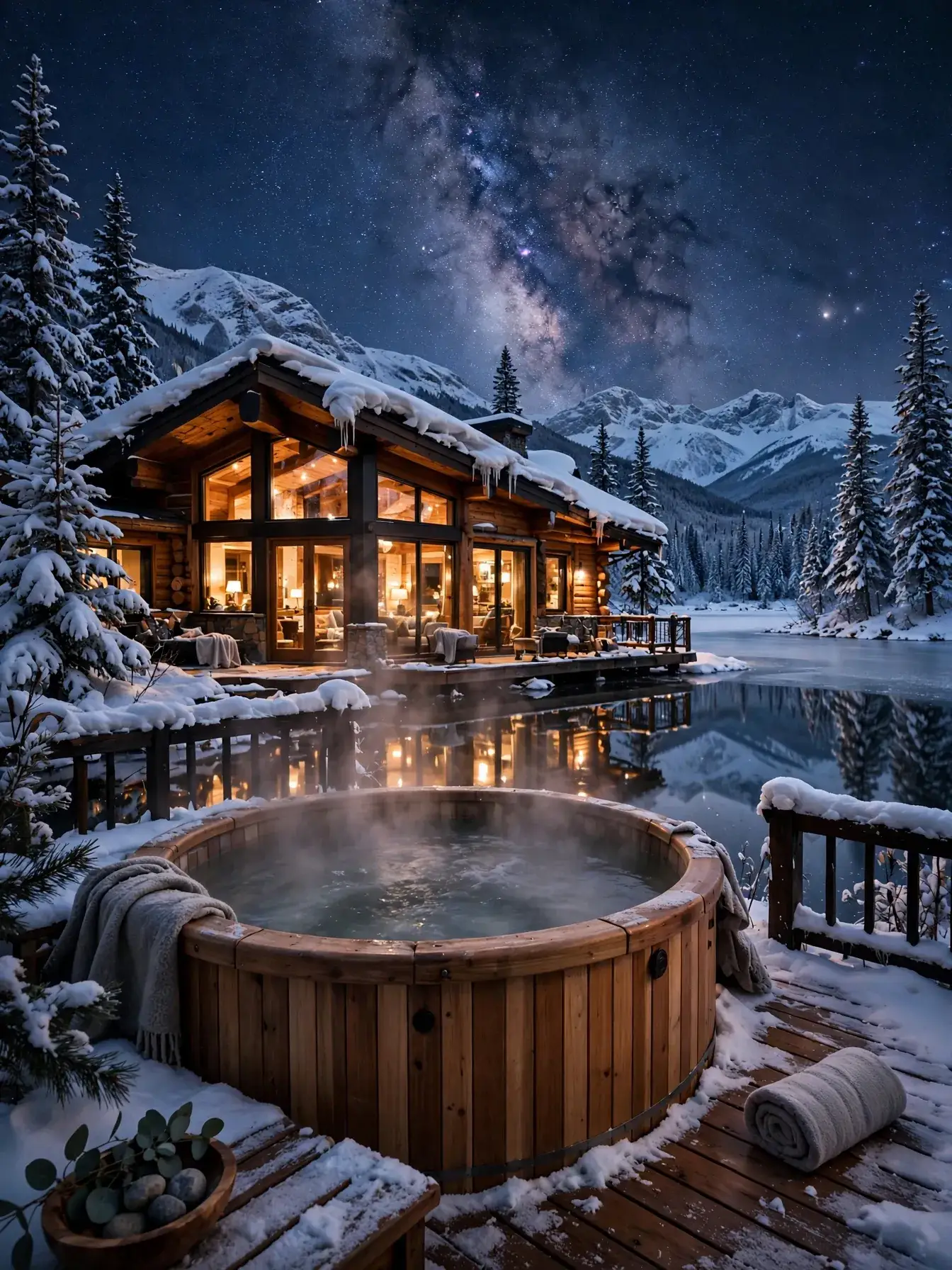 Valmont cabin glowing at night under starry alpine sky